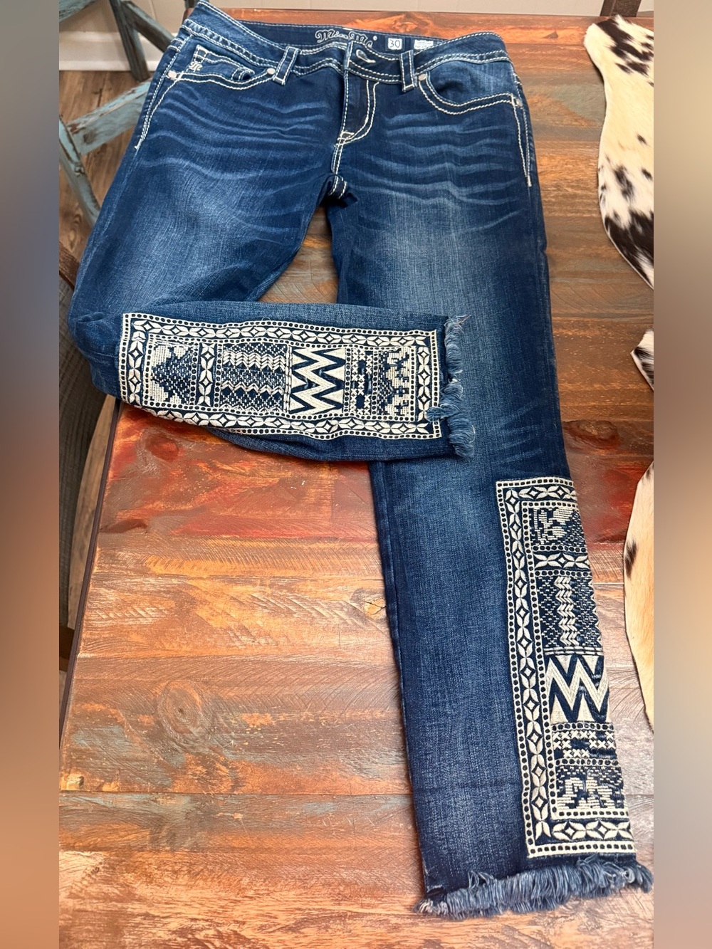 Miss Me Dark Blue Skinny Jeans with  Embroidered Legs